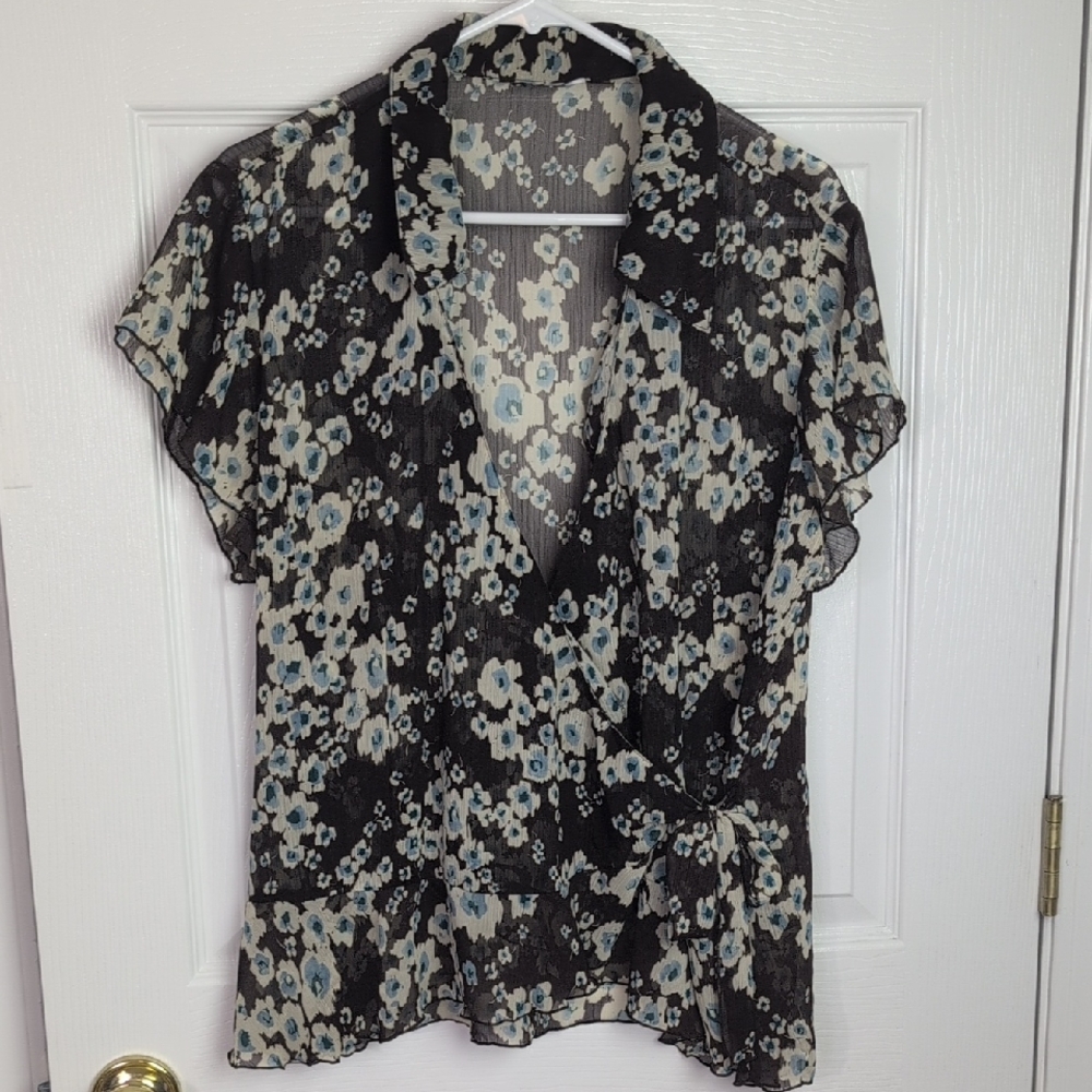Elegant, Floral Black and Blue Women's Adjustable Wrap Top, XL